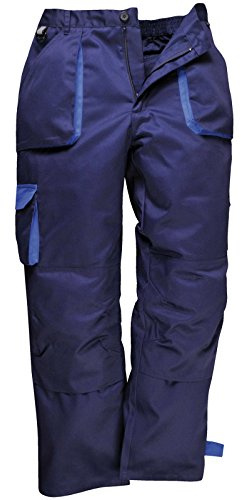 Portwest TX11 Texo Contrast Byxor Elastisk Midja Flera Fickor 2 Bakfickor | Marinblå, 2XL, EN 14404, UPF 40+, Normal Passform, Polyester, Hög Halt Bomull, Knappstängning och Dragkedja, 2 Sidofickor
