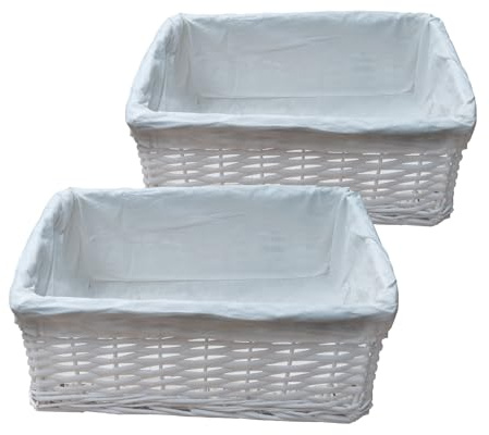 Arpan Large White Wicker Storage & Hamper Basket with White Cloth Lining – Large Baskets for Xmas, Wedding, Confetti & Parties, Snack Basket, Wicker Baskets (Large Pack of 2)