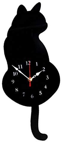 Fenteer Tail Wagging Cat Design Wanduhr Stille Pendeluhr für Die Inneneinrichtung, Schwarze Katze