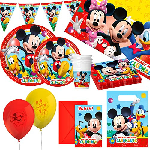 Disney Mickey Mouse Party Set, Mickey Mouse Birthday Decoration, Birthday Party Kit, Disposable Children's Tableware, (Balloons, Plates, Pennants, Cups, Napkins), 8 Diners, (71993)