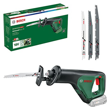 Bosch Home and Garden Cordless Reciprocating Saw AdvancedRecip 18 (w/o Battery, 18 Volt, in Carton) + 3-Piece Recip Saw Blade Set (for Wood and Metal)