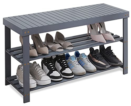 SMIBUY Schuhbank, Schuhregal aus Bambus, Schuhschrank mit Sitzbank, Schuhständer mit 3 Ablagen, Stabil Standregal ideal für Flur, Eingang, Bad, Wohnzimmer, Diele, Grau