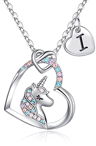 TINGN Unicornio Regalos para Niñas Collar de Corazón, Chapado en Oro Blanco de 14k Cadena con Letras Iniciales Unicornio