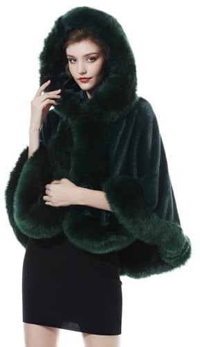 BEAUTELICATE Estola de Pelo para Bodas Cape con Capucha Poncho de Piel Sintética Chal Mujer Fiesta Boleros Novia Halloween Navidad Invierno (Verde Oscuro,Talla única)