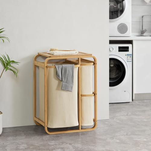 [en.casa] Clasificador de Ropa Organizador de Colada con Estante para Detergente Cesto Ropa Sucia con 3 Bolsas 38 L + 12 L Extraíbles Bambú y Poliéster 71 x 50 x 33 cm - Natural y Beige