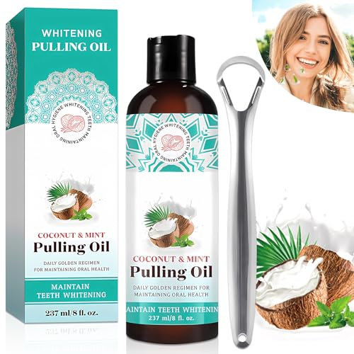 Lets Joy Aufhellendes Öl Mundspülung 8 Fl.Oz, Kokosnuss-Ziehöl für die Zähne, Mundziehöl mit Kokosnuss & Pfefferminzöl, Minzöl Mundwasser mit Zungenschaber, Zahnfleischgesundheit Frischen Atem