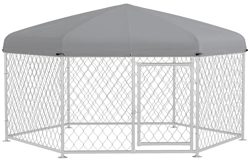 PawHut Recinto per Cani di Taglia Grande, Kennel Esagonale con Tetto in Tessuto Oxford Anti UV 2.1x1.85x1.5m, Argento e Grigio