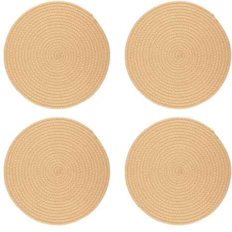 Cotton Rope Table Placemats, Round Woven Placemats Set of 4, Dining Table Placemats, Kitchen Heat Placemats, Hot Dish Clover, Pots and Pans, Tabletop Accessories (9.4 inch + Khaki)