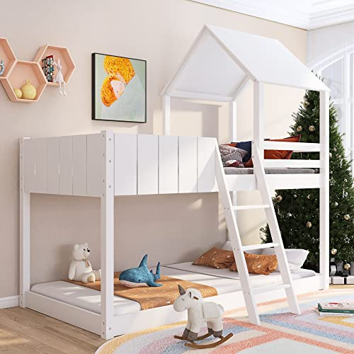 Gelukueub Wooden Bunk Bed 90x190cm, White Loft Bed with Ladder and Guard Rail, Mid-Sleeper Cabin Bed, 3 FT Single Treehouse Canopy, Shaped with Space-Saving Design for Children& Kids Home