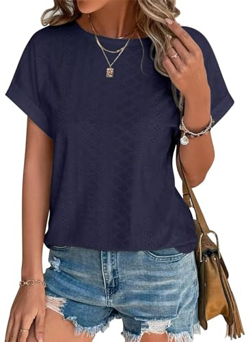 Cuptacc T Shirt Femme Tunique Femme Chic Et Elegant Manche Dolman Broderie Aux Oeillets Col Rond Bleu Foncé XXL 50-52