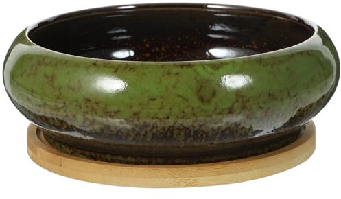 Yardwe Ceramic Succulent Planter Pot with Tray 18cm Round Green Pot Glazed Bonsai Pot Shallow Cactus Plant Pot
