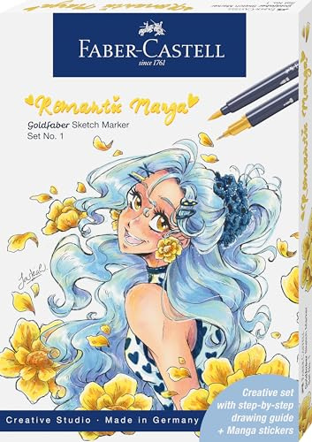 FABER-CASTELL 164701 - Goldfaber Sketch Marker Set 13-delars, inkl. alkoholmarker, Pitt Artist Pen och instruktioner, Romantic Manga Collection Set No. 1