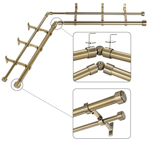 Mayrhyme Antique Bronze Double Corner Window Curtain Rods with Aluminum End Cap Finials and Brackets,1 Inch Diameter Dual Bay Window Curtain Rods, Adjustable 2 Sided 32-86 Inch Double Drapery Rod