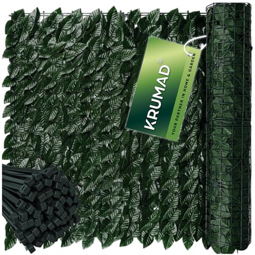 KRUMAD Künstlicher Efeu Hecke Sichtschutz 500 x 50cm, Sichtschutz Balkon und Garten, Efeu Künstlich, UV-beständig, Wetterfest, inkl. 100 Kabelbinder, Sichtschutz Zaun ohne Bohren, Dunkelgrün