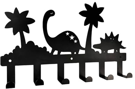 Dino-Kinder-Garderobenhaken | Perchero de pared para niños con 6 ganchos | Perchero y llavero universal para habitación infantil | Acero inoxidable (40 cm, Negro) | Entrada y armario