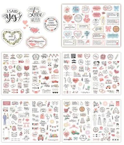 MOLIMOLI Pegatinas Libro de visitas la boda 5 hojas 266 piezas, álbum fotos Álbum recortes Diario viñetas Amor Decoración bodas Despedida soltera, Purpurina
