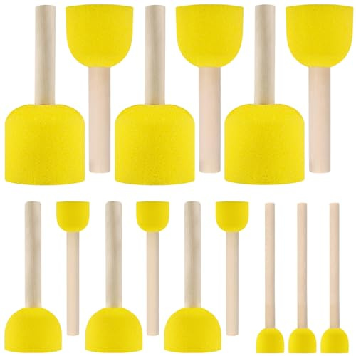 Wozzies 15 Pezzi Set di Pennello Spugna, Rotondi Spugne Pennelli Pennello Schiuma Con Manico in Legno, Bambini Spugne per Dipingere per Bambini Arti e Mestieri Fai da Te (5 Dimensioni)