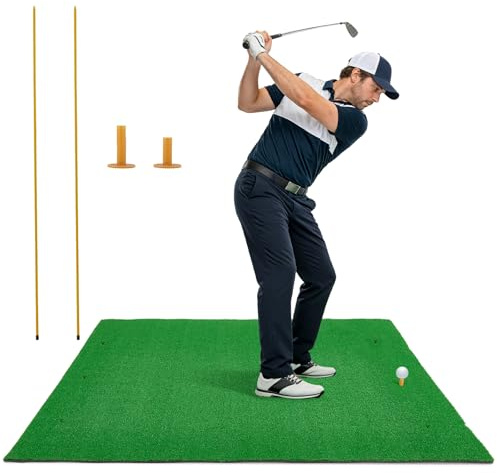 Golf Hitting Mat, 3.3 x 4.9 ft with 2 Rubber Tees & 2 Alignment Sticks – Portable Golf Practice Mat, Non-Slip PVC Bottom, Realistic Grass Feel, Foldable for Backyard, Garage, Indoor/Outdoor