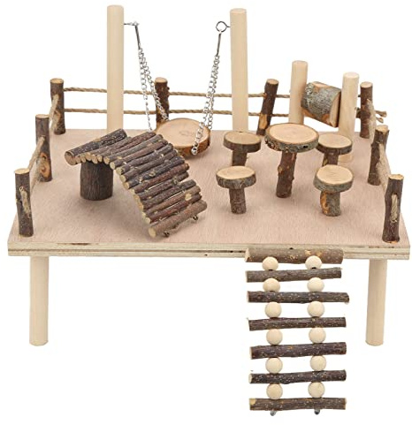 Qudinip Aire de Jeux en Bois Naturel pour Hamster, avec Systèmes d'escalade et Balançoire pour Petits Animaux, en Bois de Pommier, 35x26x17cm