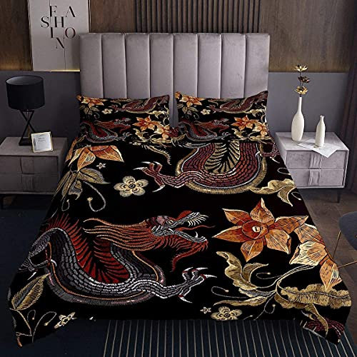 Loussiesd Chinesisches Drachen Tagesdecke 220x240cm Vintage Blumen Drucken Steppdecke für Mädchen Frauen Erwachsene Luxus Drachen Muster Bettüberwurf mit 2 Kissenbezug Reißverschluss Schwarz Gold Rot