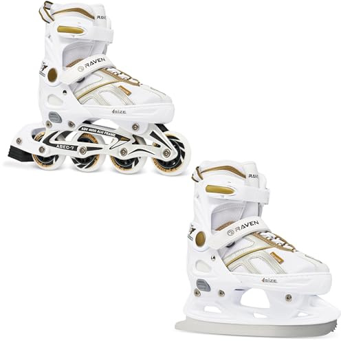 RAVEN Pulse Inline Skates Inliner für Kinder und Erwachsene OPTIONAL 2in1 mit Schlittschuhen verstellbar (White/Gold mit Kufen, 37-40 (23,5-26cm))