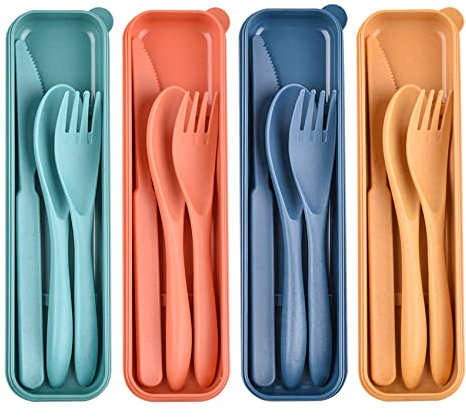 Campingbesteck Set, 4 Set Reisebesteck mit etui, Tragbares Plastikbesteck mehrweg für Lunchbox, Picknick, Reisen, Camping
