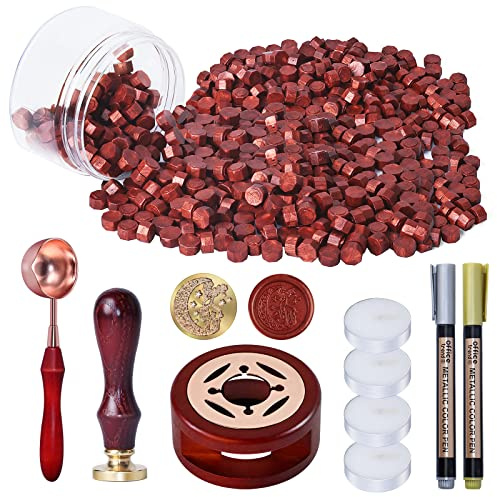 250 PCS Wax Seal Stamp Kit, WEWINK PLUS Wine Red Sealing Wax Beads with Deer Stamp, Warmer, Spoon, Tea Candles, Metallic Pen for Stamp Seals, Gifts, Invitations, Envelopes, Craft