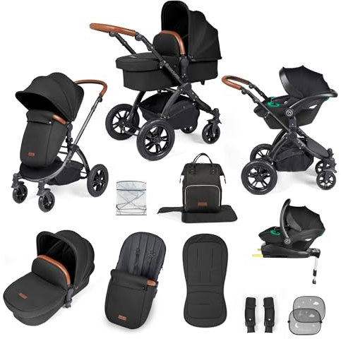 Ickle Bubba Stomp Luxe 12 Piece Travel System with i-Size Stratus Car Seat & ISOFIX Base - Newborn to 22kg*, All-Terrain Pram with Convertible Configurations & Accessories (Black/Charcoal Grey/Tan)