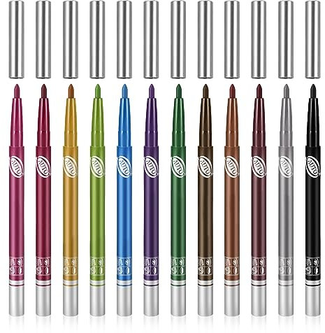 Boobeen 12-Farben-Eyeliner-Stift-Set, mattes und glitzerndes Lidschattenstift-Set, wasserfester farbiger Eyeliner & Lidschatten- und Lipliner-Gelstift für Frauen
