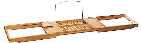 Avilia - Vassoio Vasca da Bagno in Bambù Estensibile 70–104 cm con Porta Calici e Leggio | Accessori Bagno Eleganti per Relax e Organizzazione in Vasca da Bagno