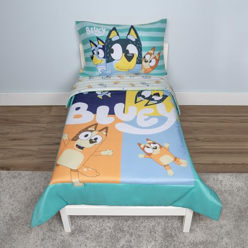 Bluey Juego de Ropa de Cama Infantil de 4 Piezas, Incluye edredón, Juego de sábanas, sábana Bajera + sábana encimera + Funda de Almohada Reversible para Cama de niños, Color Azul
