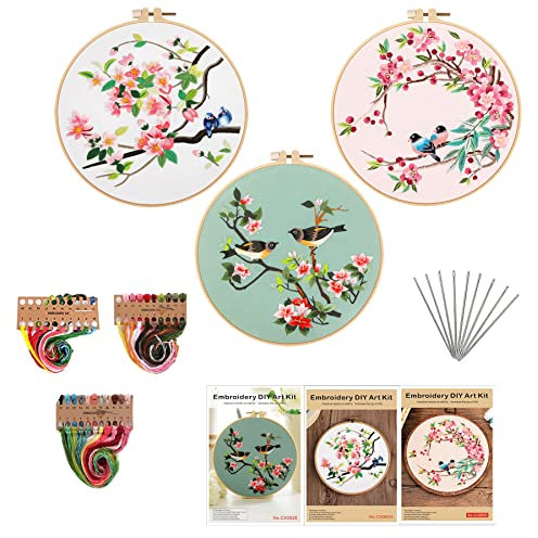 Huimai Vögel Anfänger Stickerei Set, 3 Stück Kreuzstich-Sticksets mit Floralen Tiermustern, Erwachsene DIY Handwerk Embroidery Starter Kit mit 3 Stickrahmen, Fäden und Werkzeuge (Vögel)