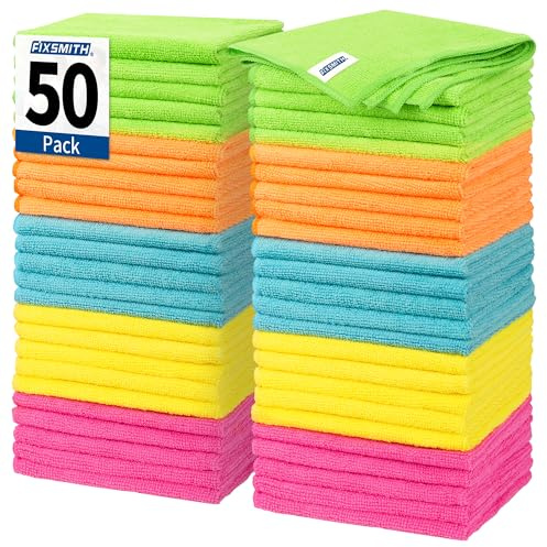 FIXSMITH Microfibre Cleaning Cloth, 50 Pack Cleaning Rags, Cleaning Towels for Housekeeping, Kitchen, Car, Lint-Free, Reusable Shop Towels with 5 Colors (Green/Blue/Yellow/Orange/Pink), 12X12