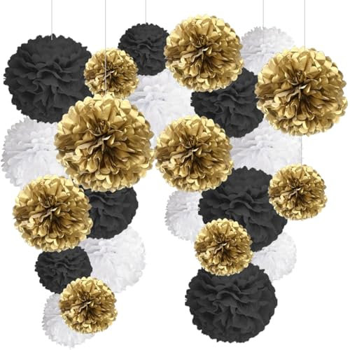 Pompones Oro Negro Blanco Decoraciones Flores Pompom de Papel de Seda. Decoración Cumpleaños –24 Piezas–