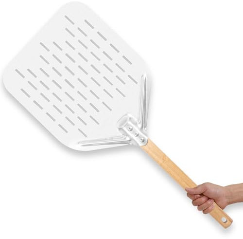 Pizzaschieber Perforiert, Pizzaschaufe, 12 Zoll Aluminium Pizzaschaufel Perforiert 39,5 * 30 * 2 cm Abnehmbarer Holzgriff für Selbstgebackenes Pizzabrot