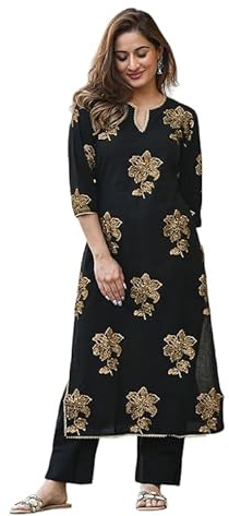 Jaanvi fashion Women's Gold Printed Rayon Black Kurta Set with Ethnic Palazzo Pants (eva-ar-80-black-m)