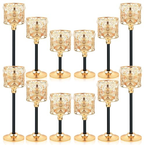 Kehail Set of 12 Floral-Carved Crystal & Metal Tealight Candelabras Bulk- Elegant Gold & Black Wedding Centerpiece, Dining Table Decor, Votive Candle Holders