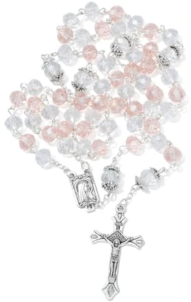 KMIMO Chapelet en cristal rose pour femme, chapelet 8 MM avec crucifix de Jésus et médaille de Lourdes, chapelet de communion avec sac en velours