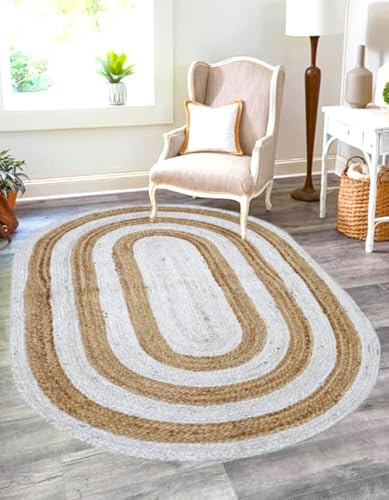 DANGAYACH ART Alfombra ovalada de yute blanco y natural de 2.3 x 4 pies, tejida a mano, diseños únicos, estilo bohemio de granja, duradera y apta para mascotas, para sala de estar, comedor y