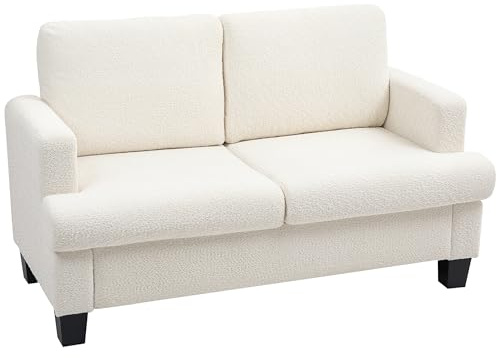 HOMCOM Divano 2 Posti in Ciniglia con Braccioli, Divanetto 2 Posti Moderno con Cuscini Sfoderabili e Lavabili e Gambe in Legno per Soggiorno, Salotto, Ufficio e Casa, 138x70x80 cm, Bianco Crema