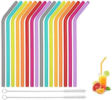 Shirene Cannucce Riutilizzabile Silicone,16 Pezzi Cannucce Plastica Set Colorato con 2 Spazzole di Pulizia per Bambini e Adulti,Ideali per Cocktail,Frullati e Borracce