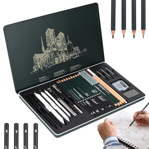 27 Pcs Kit Dessin Professionnel, Estompeur Dessins, Crayons à Dessin pour Artistes, Crayon Graphite(2H - 8B) et Fusain, Crayons à Croquis pour Ombrage et Croquis Professionnels