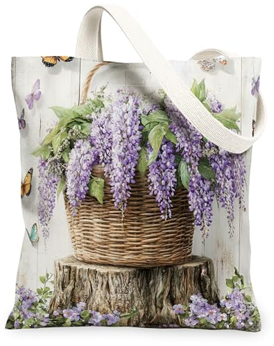 Borsa tote in tela con glicine primaverile, per shopping, 33 x 38 cm, cestino di fiori in legno, farfalle, borsa della spesa riutilizzabile per donne, lavoro floreale, viaggi, pittura, decorazione
