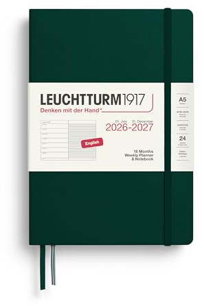 LEUCHTTURM1917 Veckokalender 2027 A5 med anteckningsbok, linjerad, mötesplanerare engelska, 18 månader juli 2026 – december 2027, skogsgrön, inbunden 210 x 145 mm, veckoöversikt vänster