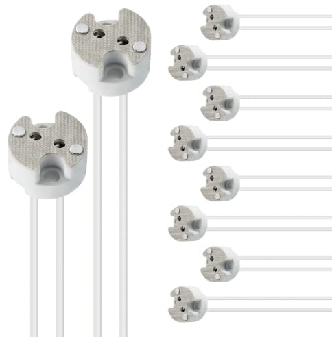 Portalámparas GU5.3/MR16, Lote de 10 de Cerámica con Cable de 14 cm | Portalámparas cerámico con placa de mica, cable de silicona de 14 cm y extremos de conexión pelados para bombillas GU5.3/MR16
