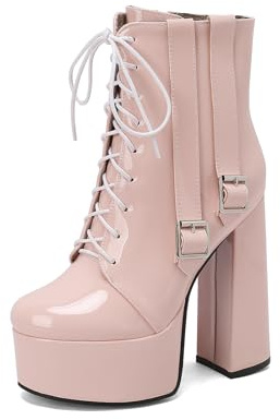 TNMIUH Botas con Plataforma para Mujer, Botines con Cordones y Tacón Ancho Grueso, Botas de Combate de Charol con Doble Hebilla, Zapatos de Fiesta Negro, Rosa, Blanco