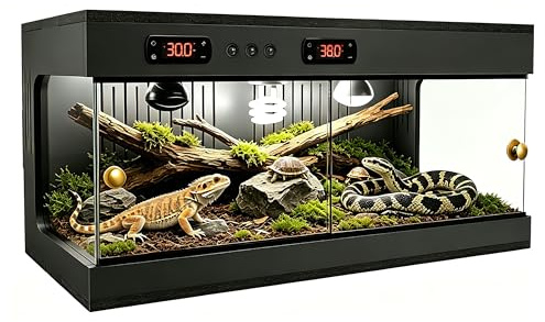 Reptile Vivarium 80x40x40cm Reptile Terrarium with Dual Thermostat & Ceramic Lamp Holder, 3-Side Ventilation, Stackable Glass Reptile Enclosure for Bearded Dragon,Snake, Frog