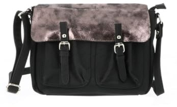 Sac Bandoulière Femme Rabat - Sacoche Cartable Porté Epaule Bimatière Brillant - Besace Messenger Fourre-Tout Taille Moyen - Simili Cuir Souple - Chic Elégant Tendance - Noir