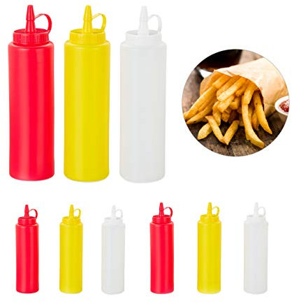 Relaxdays Squeeze Flasche, 9er Set, für Saucen, zum Quetschen, nachfüllbar, Zuhause & Gastronomie, 400 ml, rot/gelb/weiß