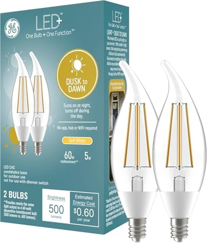 GE LED+ Dusk to Dawn LED Light Bulbs, Automatic On/Off Outdoor Security Lights, Soft White, E12 Candelabra Base (2 Pack)